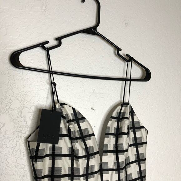 NBD Daylight Bliss black white plaid plunge neck flounce skirt mini dress NWT - Picture 3 of 16